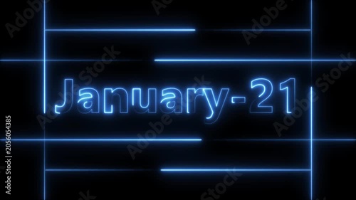 Abstract Neon January 21 calendar date Animation 4k video. Neon bright 21 January date text blue color animation. Suitable for event promotion, important.