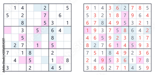 Sudoku puzzle with colored highlighted cells and solved grid