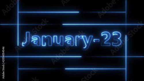 Abstract Neon January 23 calendar date Animation 4k video. Neon bright 23 January date text blue color animation. Suitable for event promotion, important.