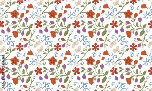 Bild auf Leinwand Botanical Crewel Style Floral Branches Seamless Pattern.