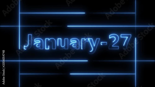 Abstract Neon January 27 calendar date Animation 4k video. Neon bright 27 January date text blue color animation. Suitable for event promotion, important.