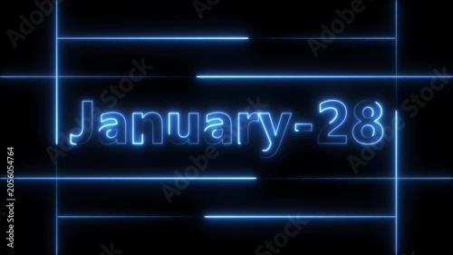 Abstract Neon January 28 calendar date Animation 4k video. Neon bright 28 January date text blue color animation. Suitable for event promotion, important.