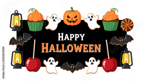 Foto Happy Halloween Illustration: A festive collection of Halloween icons, including pumpkins, ghosts, candy, cupcakes, candy apples, bats, and lanterns, arranged around a Happy Halloween text graphic