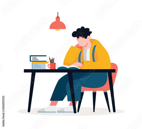 Man sitting at the desk and studying flat vector illustration