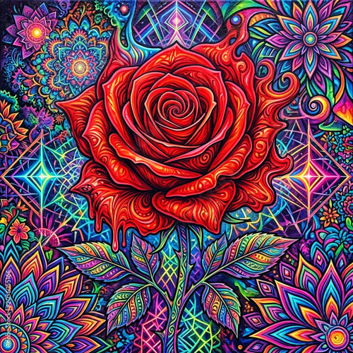 Psychedelic Red Rose Illustration with Vibrant Mandalas 
