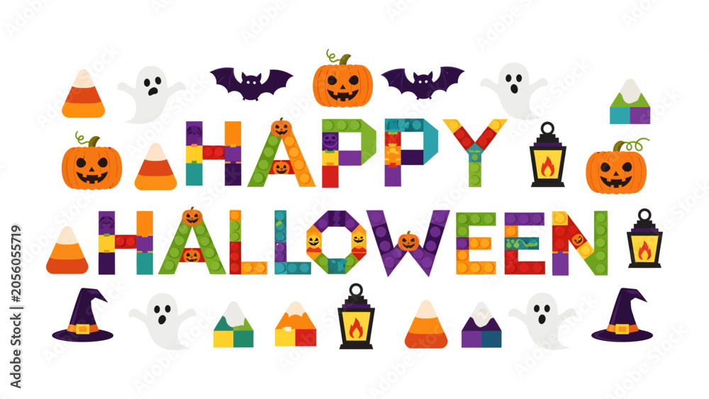 Fototapeta premium Happy Halloween Greeting: A festive and colorful illustration spells out Happy Halloween with playful motifs like pumpkins, ghosts, bats, and candy corn.