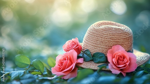 A summer hat with pink flowers.