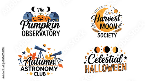 Fotografija Halloween and Autumn Astronomy Logos: A collection of four whimsical graphic designs featuring themes of Halloween and autumn astronomy, including pumpkins, telescopes, moons, and celestial bodies