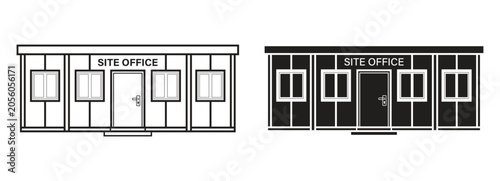 Site office cabin construction container portable building vector icon set outline and solid styles
