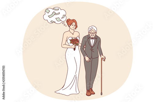 Foto Marriage of convenience between mercantile young woman who thinks about money and older man