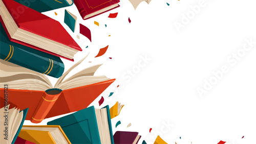 Stack of colorful open books flying and floating in the air for education concept and creative school literature design Vector