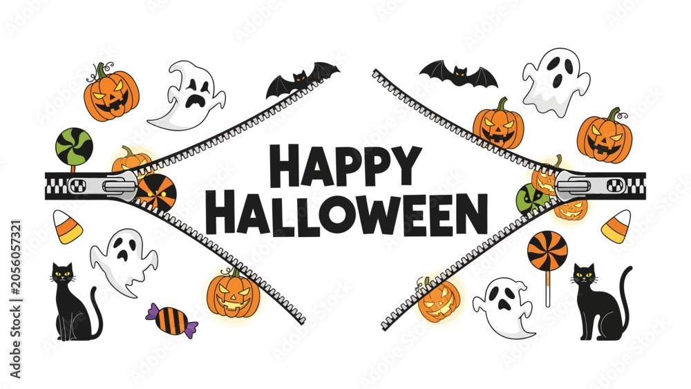 Naklejka premium Happy Halloween Zipped Celebration: A playful arrangement of Halloween icons, including pumpkins, ghosts, black cats, and candy.