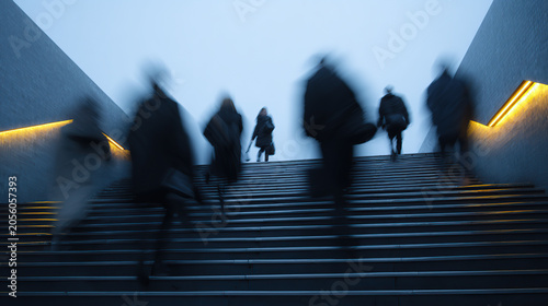A long exposure, blurry shot of people rushing up a wide concrete staircase with warm yellow line lighting on the sides, under a dim sky