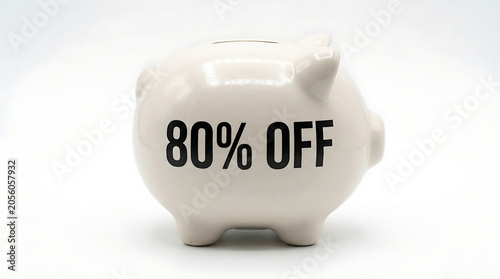 Piggy bank with 80% off text isolated on white background