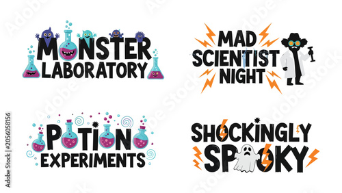 Tablou pe pânză Spooky Science Fun: A collection of four vibrant graphic designs featuring playful monster laboratory, mad scientist night, potion experiments, and shockingly spooky themes