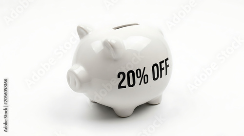 Isolated piggy bank with 20% off text, representing savings and discounts