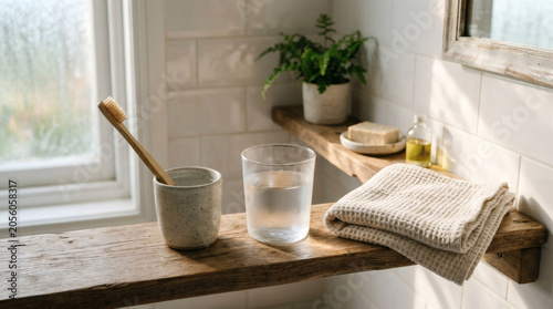 Bamboo toothbrush and glass on bathroom shelf