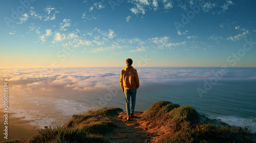 A man standing on the edge of a high cliff, looking out over a stunning landscape of ocean waves meeting a thick blanket of clouds at sunset