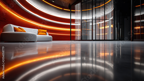 A futuristic and modern interior lobby featuring a white sofa with orange pillows, curved walls with bright neon orange and white light stripes, and a glossy reflective floor