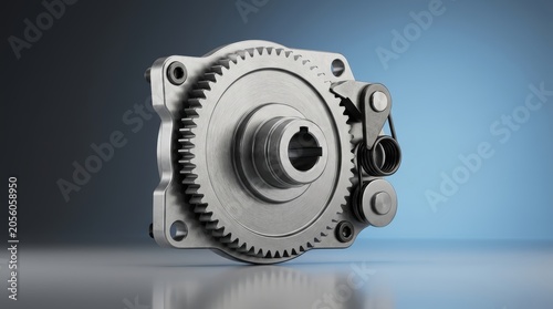Precision engineered industrial ratchet mechanism 3D render, one way locking gear system, pawl and ratchet wheel torque control assembly