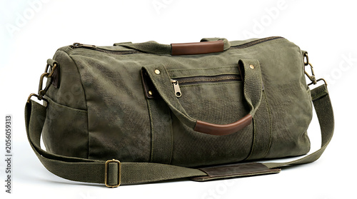 Olive green canvas duffel bag for travel isolated on white background