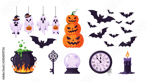 Εκτύπωση καμβά Spooky Halloween Collection: A whimsical assortment of classic Halloween icons, including ghost, pumpkin, bat, cauldron, key, crystal ball, clock, and candle, perfect for festive designs