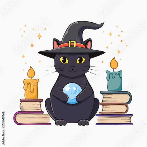 Black Cat Witch with Crystal Ball and Candles