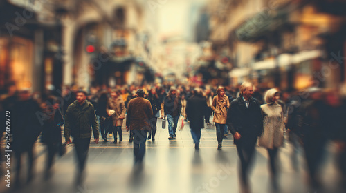 A bustling crowd of people walking along a busy city pedestrian street, captured with a tilt-shift miniature effect and warm vintage color grading