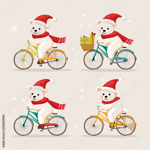Cute Polar Bears Riding Bicycles in Christmas Hats