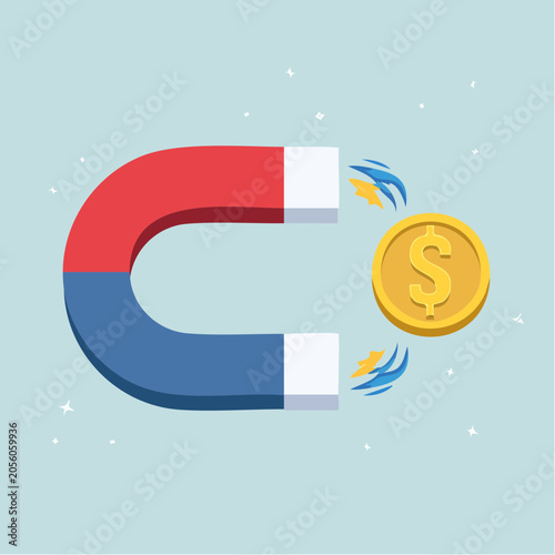 Horseshoe Magnet Attracting Gold Coin with Dollar Sign