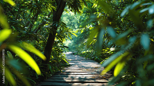 A wooden boardwalk path winding through a dense, lush green forest with sunlight filtering through the vibrant leaves and trees.