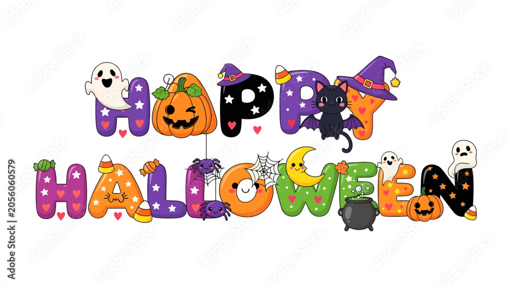 Fototapeta premium Happy Halloween Typography: A whimsical and colorful illustration spells out Happy Halloween with playful characters and symbols like ghosts, pumpkins, witches' hats, and candy corn.