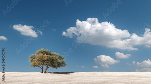 A minimalist landscape of a single green tree standing in a vast white sand desert under a clear blue sky with fluffy white clouds