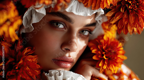 A close-up portrait of a young woman wearing a frilled white headpiece, beautifully framed by rich orange chrysanthemums or marigolds