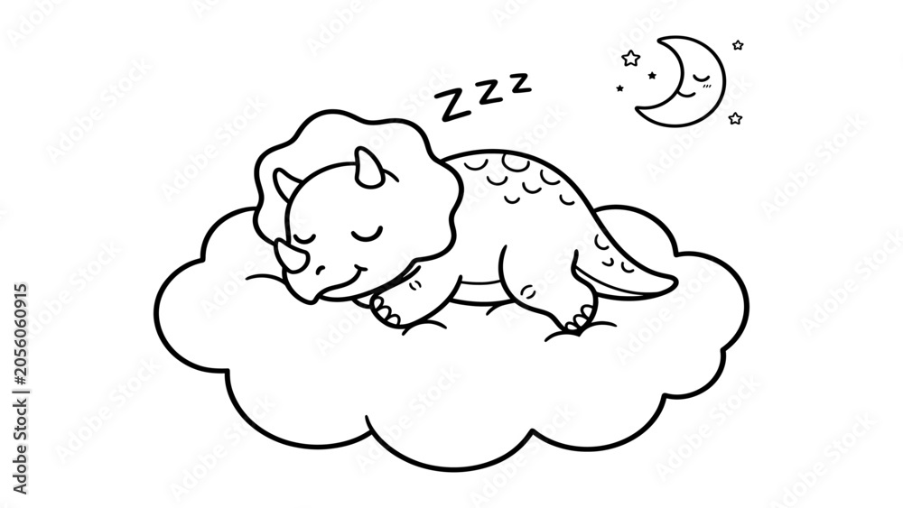 Obraz premium Cute cartoon triceratops dinosaur sleeping peacefully on a fluffy cloud under the moon coloring page