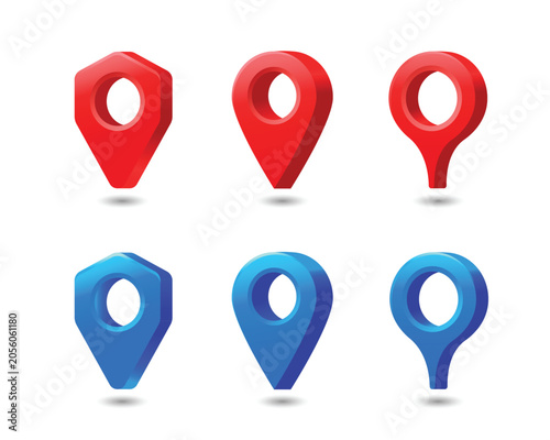 Red and Blue 3D Location Pin Icons with Circular Center Holes