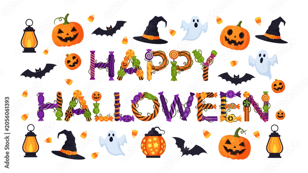 Fototapeta premium Happy Halloween Vignette: A playful arrangement of Halloween icons, including jack-o'-lanterns, bats, witch hats, and ghosts, spells out Happy Halloween with candy, inviting festive fun.