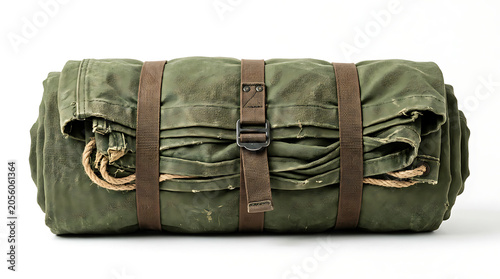 Rolled up olive green canvas duffel bag isolated on white background