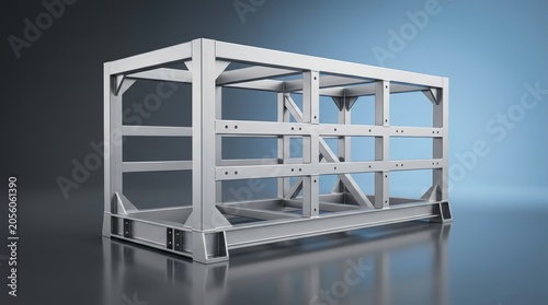 Precision engineered industrial frame structure 3D render, structural load bearing metal skeleton, mechanical support chassis system for machinery and robotics