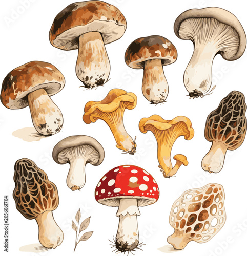 Foto Created on Beautiful Hand drawn Set of boletuses, oyster mushrooms, ceps, grebes