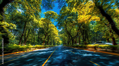 A vibrant long-exposure shot taken from a moving vehicle, looking down an empty asphalt road lined with lush green trees casting shadows under a bright blue sky