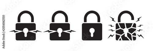 Cybersecurity failure icons depicting cracked padlocks and electrical sparks for data breach theme.