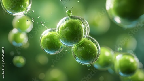 Bubbles float in green liquid as part of a scientific study or artistic concept in a bright environment during the daytime