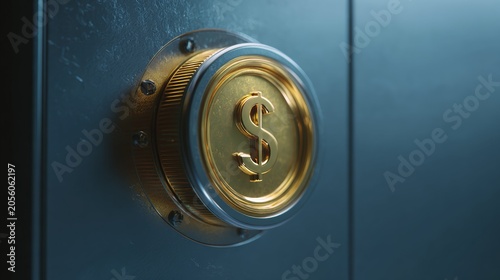 Close-up of a golden dollar sign on a safe lock in a dimly lit setting showing security and finance