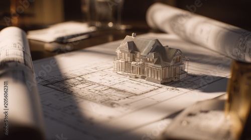 Model house placed on construction plans in a workspace during the day with natural light coming in