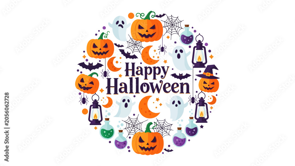 Fototapeta premium Happy Halloween Collection: A festive arrangement of classic Halloween symbols including jack-o'-lanterns, ghosts, bats, witches, and spiders.