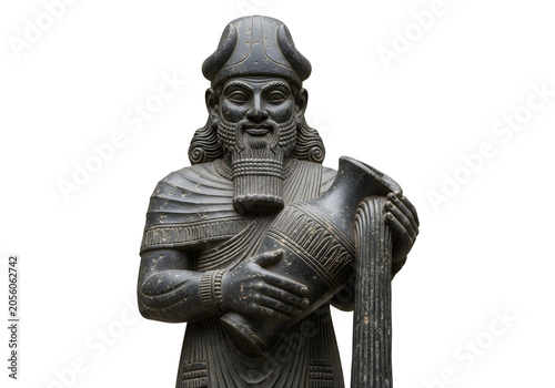 Ancient Assyrian warrior statue in dramatic monochrome lighting for historical and cultural themes