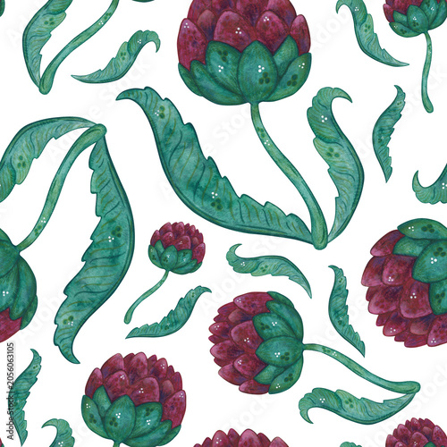 Seamless pattern of artichoke flowers, hand-drawn watercolor illustration, cartoon. Design for stickers, cards, scrapbooking. Plant, green, pink, flower, nature