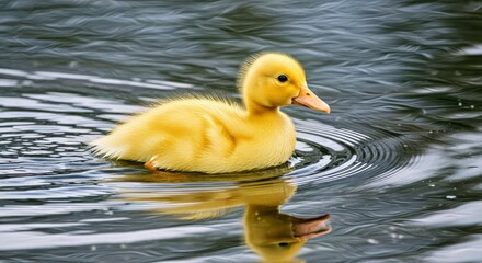 Yellow Duckling Swimming in Calm Water With Reflection