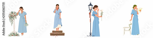 Foto Set of four illustrations showing a woman in a light blue dress expressing sadness and crying in various settings like a wedding or funeral